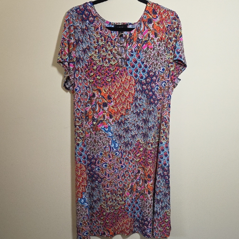 MSK Multicolor Patterned Dress. Gold 3 Ring details at neckline.